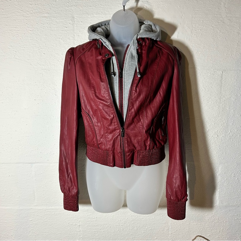 Maroon hooded bomber jacket